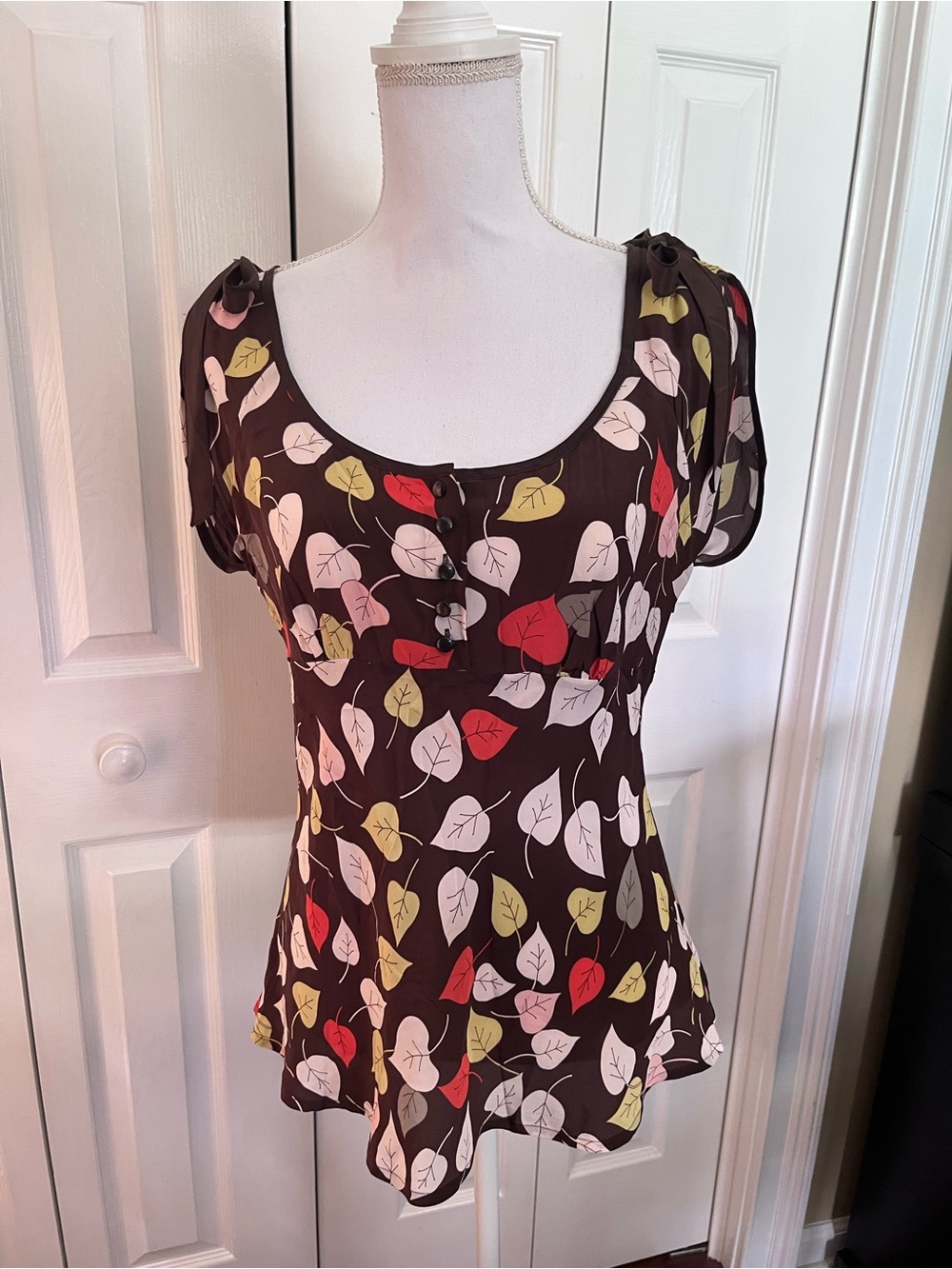Odille Brown Scoop Neck Leaf Print Blouse